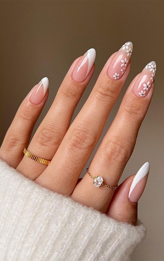 52 Cute Floral Nail Art Designs : White Floral & White Side Tip Nails